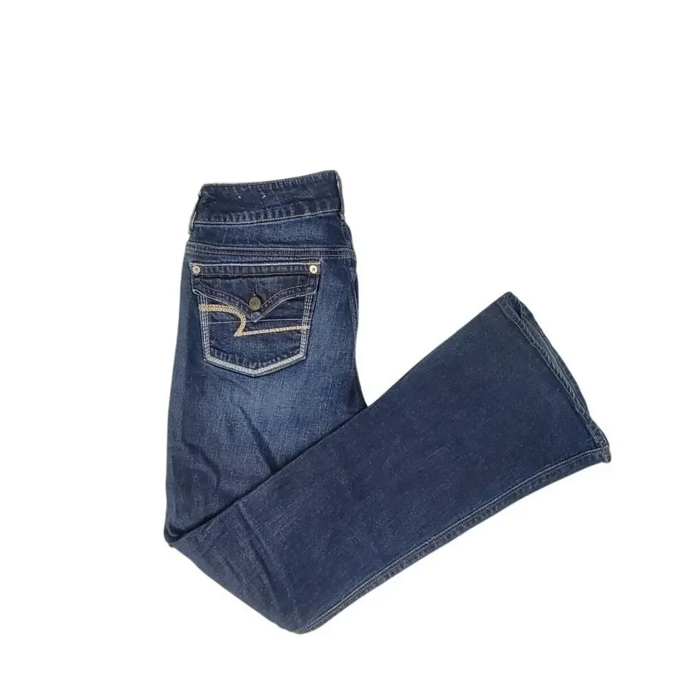 American Eagle Artist Flare Jeans Womens 8 Dark Wash Embroidered Stretch Denim - Picture 6 of 12